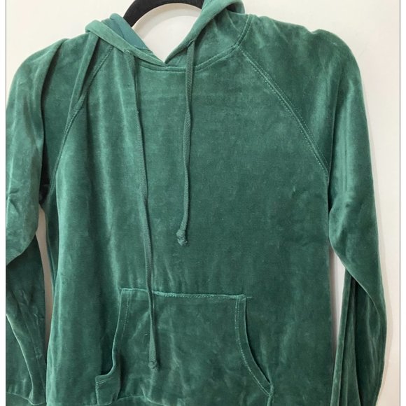 F21 Ambiance Hunter Forest Green Velvet Velour Pullover Hoodie Sweater Medium - Picture 2 of 9